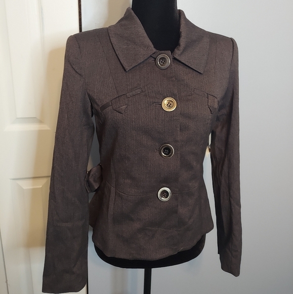 Women's NWT FYLO By. NYLON Dark Grey Herringbone Belted Stretch Jacket Blazer - Picture 1 of 11